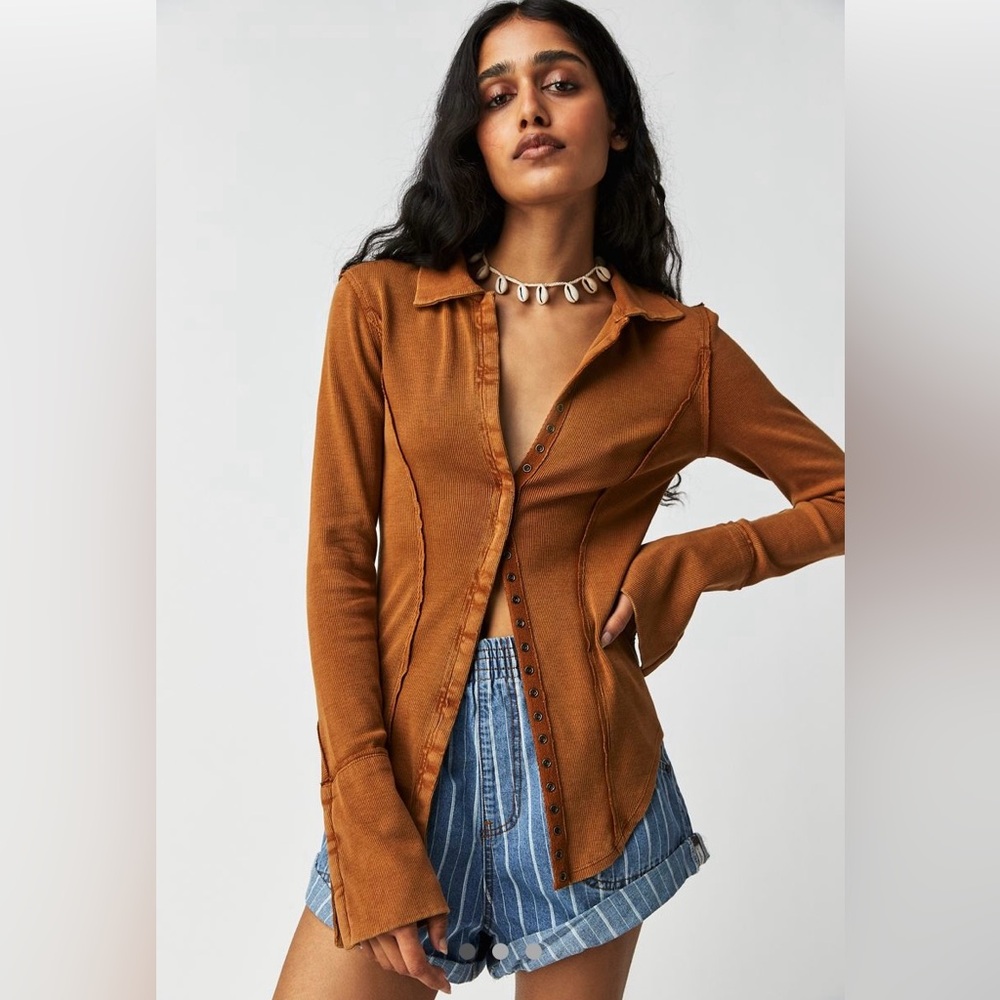 Free People Brown Long Sleeve Button Down Shirt